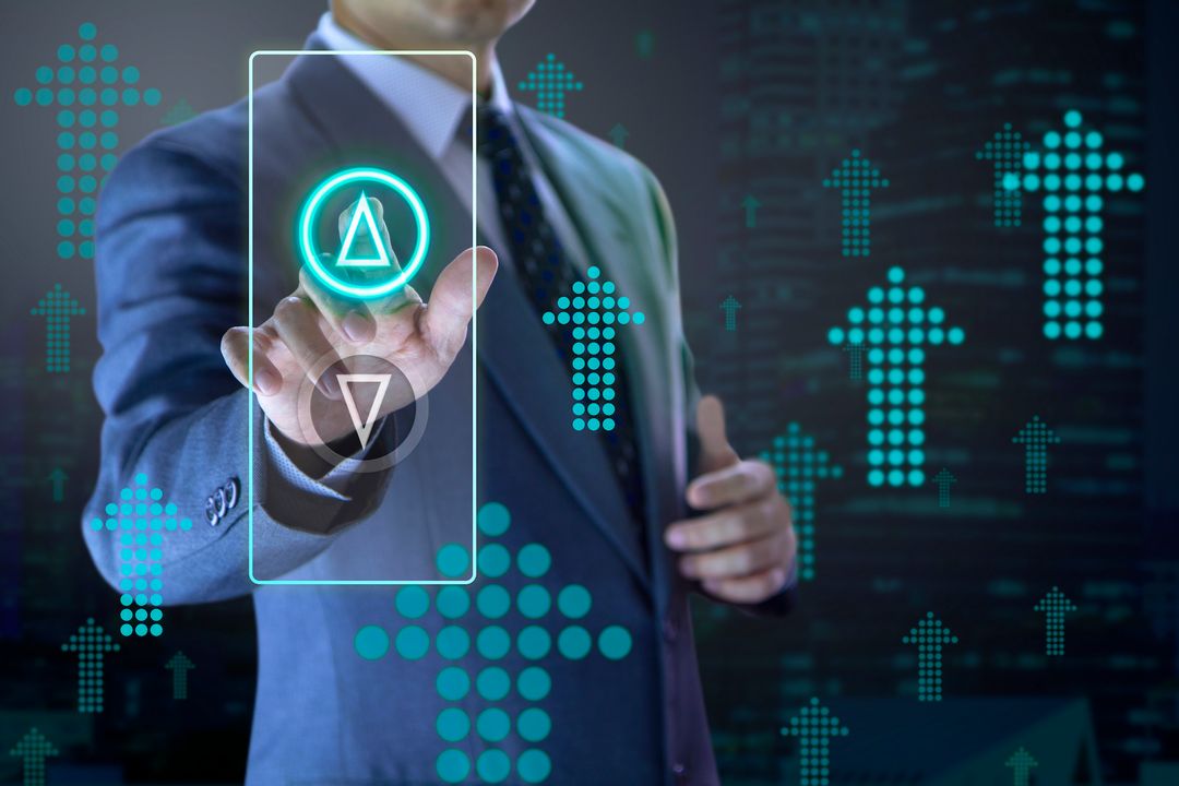 Business administrator pressing the virtual elevator button for next levels up in concept of more advance to a success.