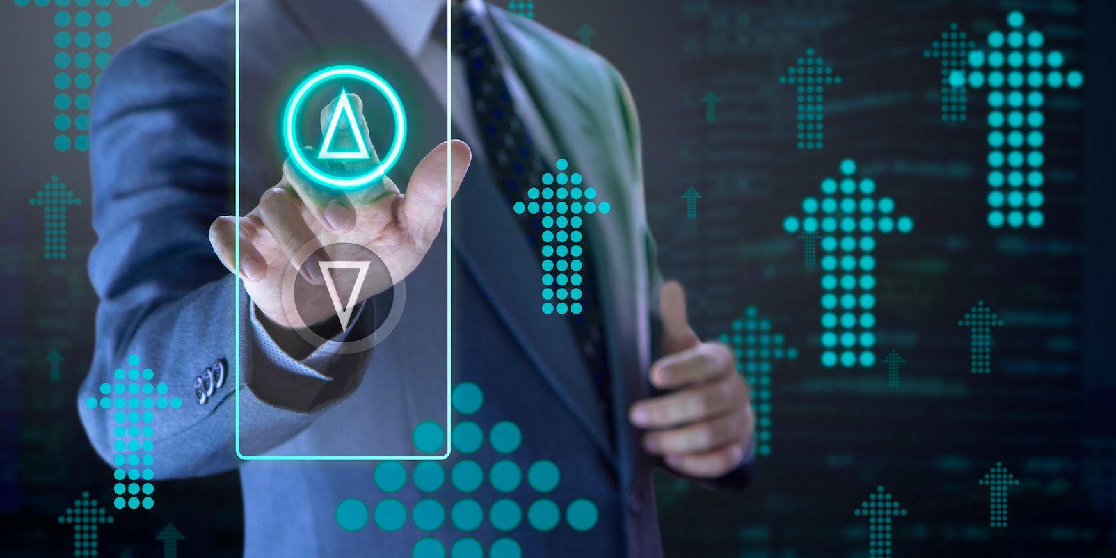 Business administrator pressing the virtual elevator button for next levels up in concept of more advance to a success.