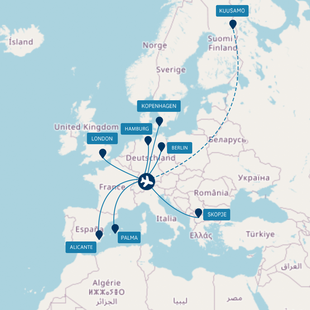 Streckenkarte Winterflugplan 2026/27: Flüge ab Friedrichshafen nach Alicante, Berlin, Hamburg, Kopenhagen, London, Palma de Mallorca und Skopje sowie Sonderreise nach Kuusamo