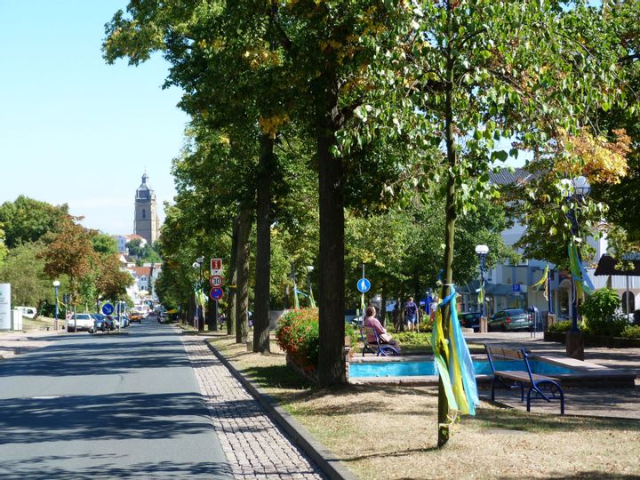 Blick auf die Brunnenallee bei sonnigem Wetter. Im Hintergrund ist die Stadtkirche zu sehen.
