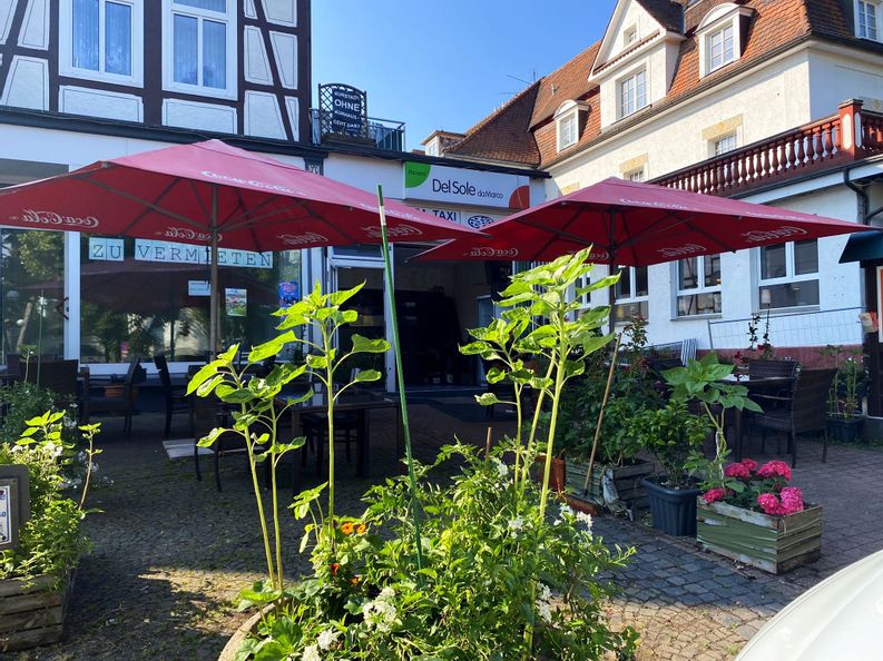 Eingangsbereich des Pizza del Sole bei sonnigem Wetter. Vor dem Eingang sind zwei rote Sonnenschirme zu sehen unter denen Tische und Stühle stehen. Im Vordergrund und an der Seite stehen Pflanzen und Blumen in Kübeln.