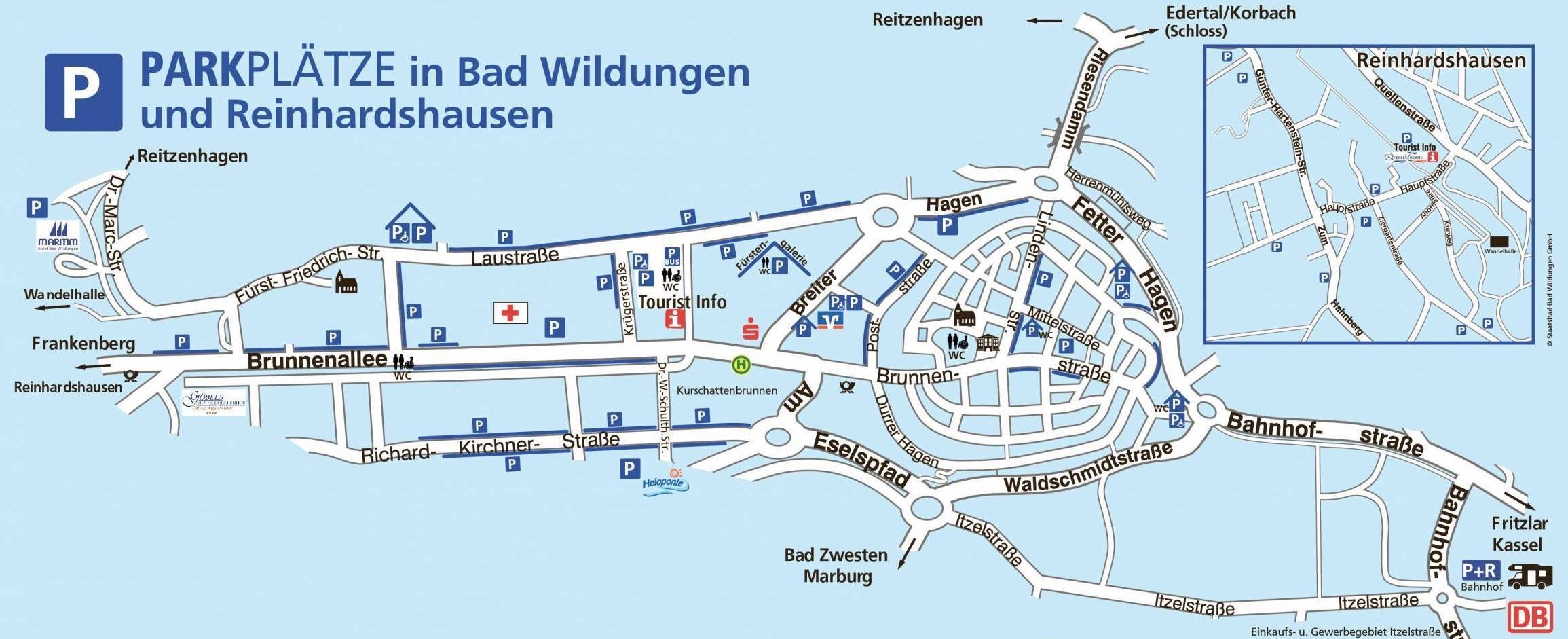 Karte über die Innenstadt von Bad Wildungen und dem Stadtteil Reinhardshausen mit Anzeige der Parkplätze