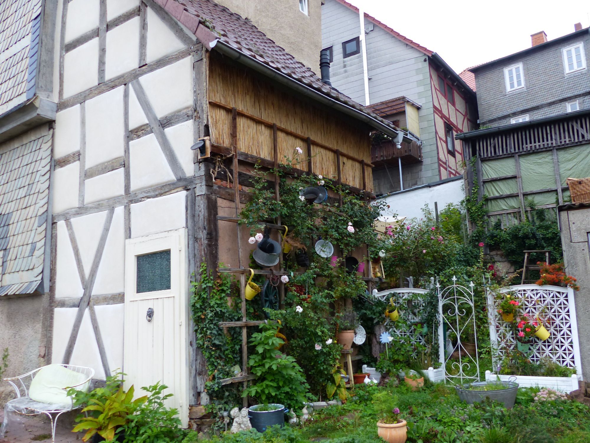 Aufnahme eines Gartens in der Altstadt von Bad Wildungen. Es sind Fachwerkhäuser zu sehen.