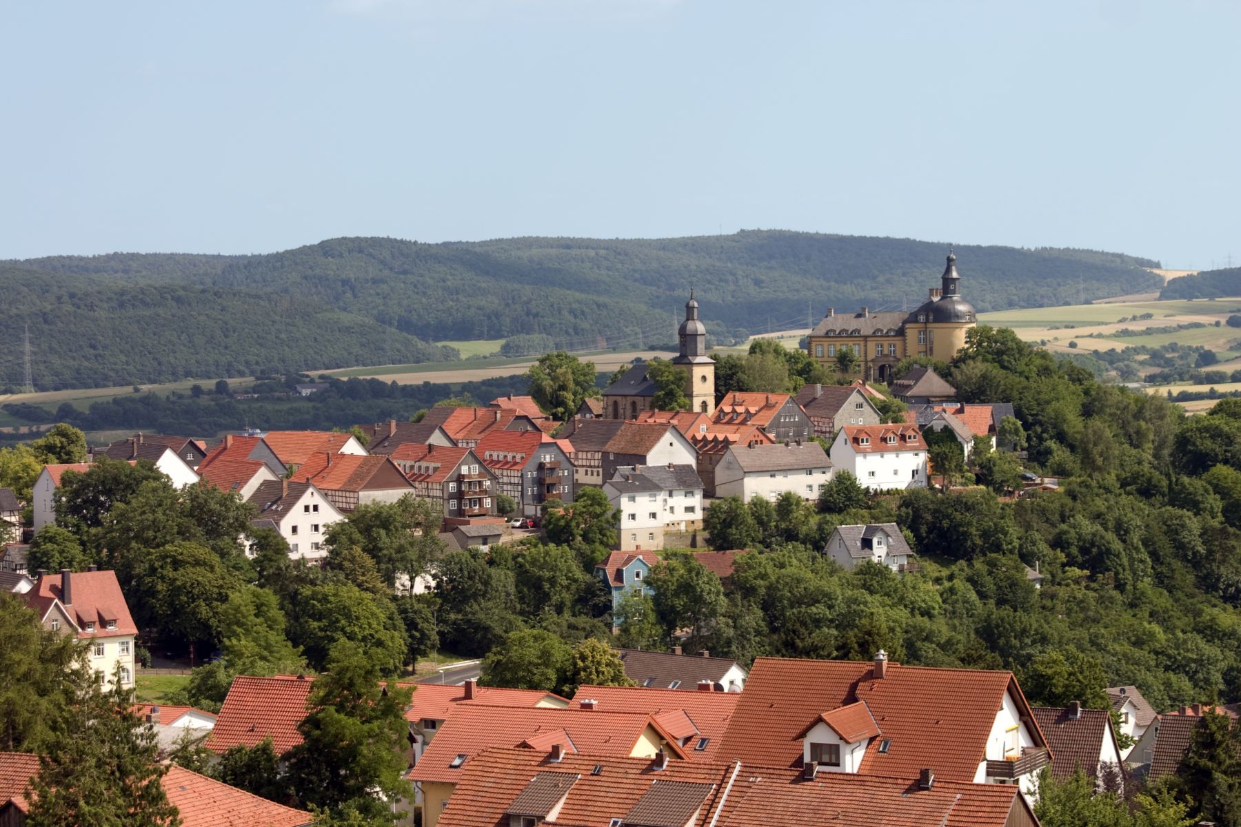Blick über Altwildungen mit der Philipp-Nicolai-Kirche und dem Schloss Friedrichstein