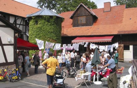 Blick auf den Hof des Lebendigen Museums in Oderhausen mit einer Gruppe von Menschen und einem Marktstand,