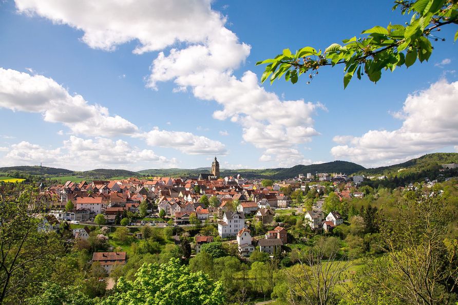 Blick auf Bad Wildungen. Der Himmel ist blau und bewölkt.