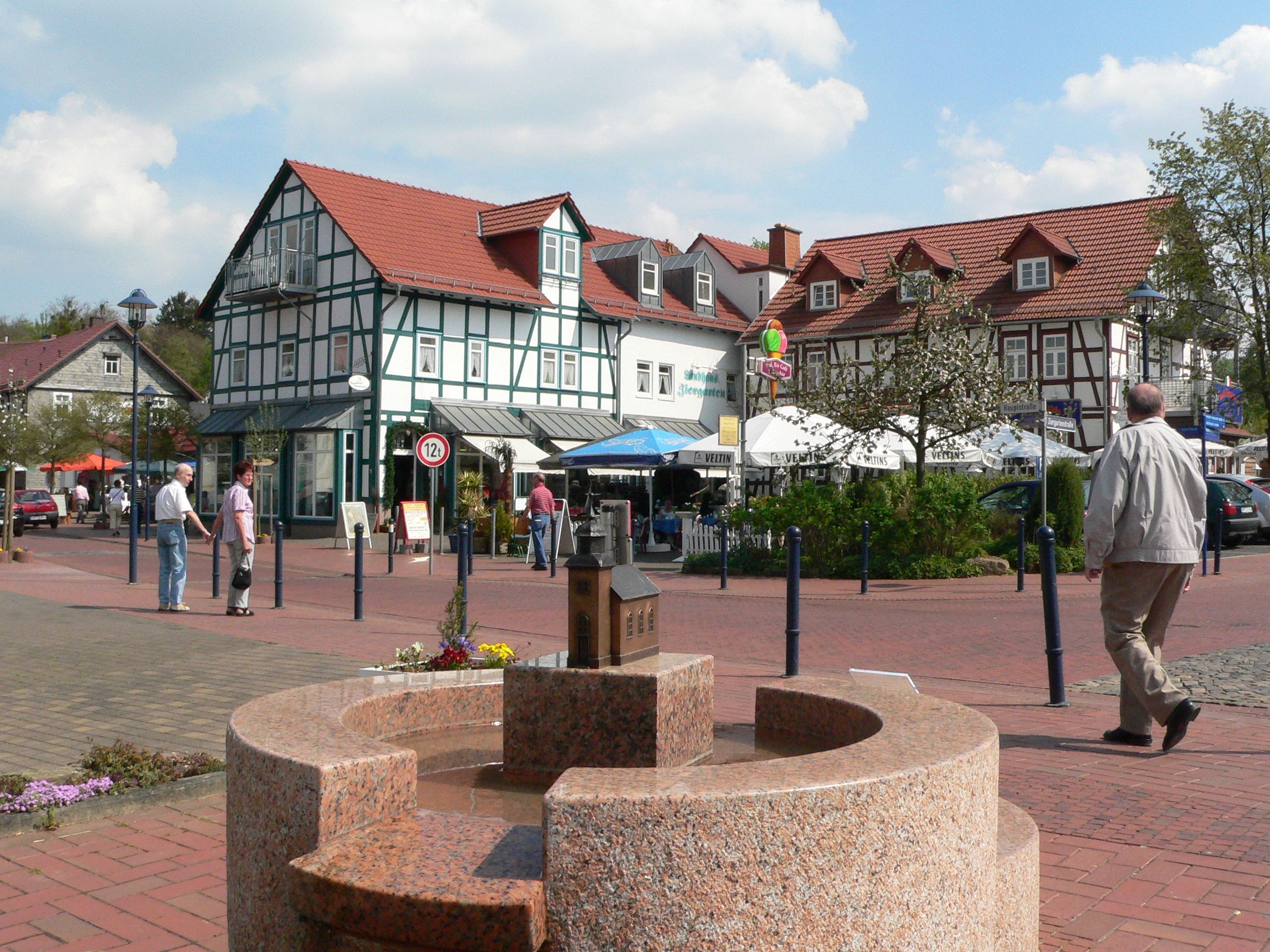 Blick auf einen Brunnen, die Hauptstraße und einem Fachwerkhaus in Reinhardshausen.