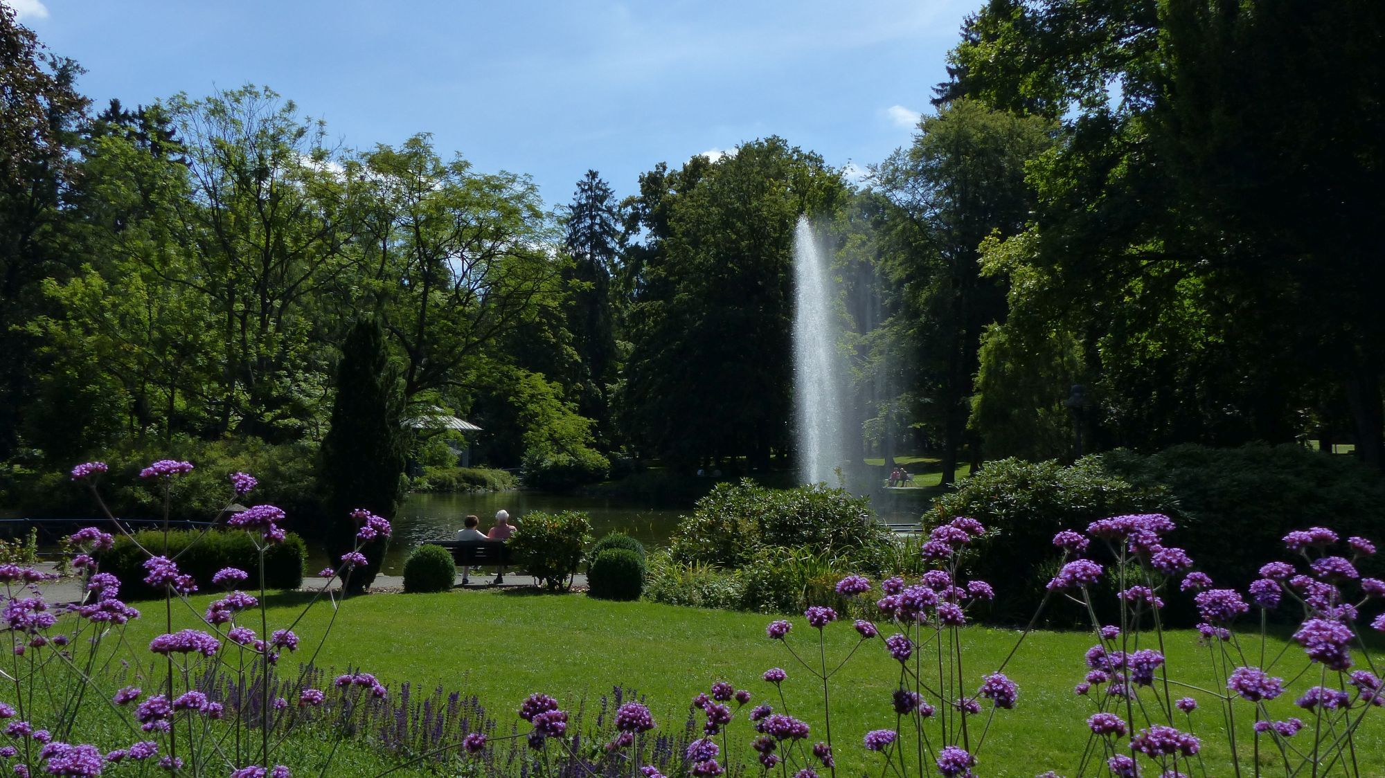 Blick auf den Schwanenteich und der Wasserfontäne im Kurpark in Reinhardshausen.