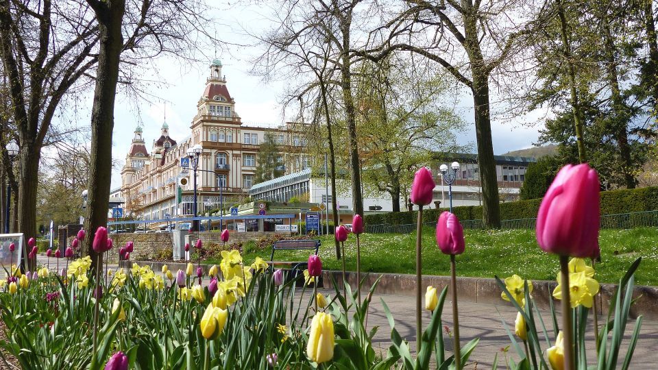 Brunnenallee Bad Wildungen mit dem Fürstenhof im Hintergrund. Im Vordergrund sind gelbe und pinken Tulpen zu sehen.