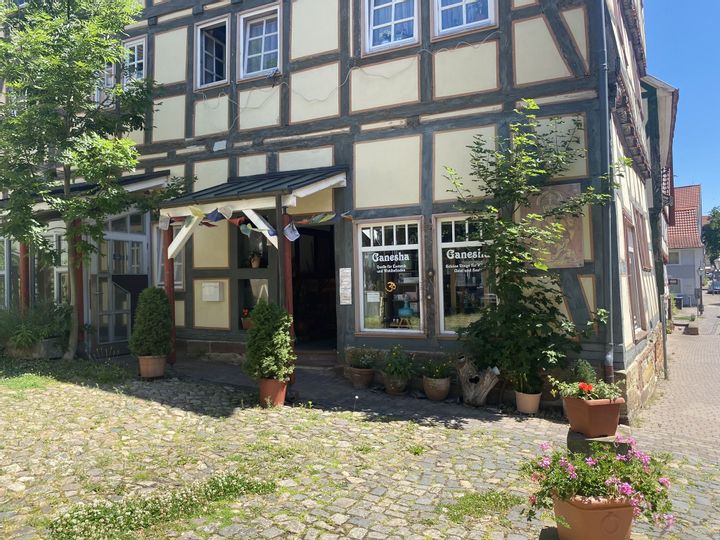 Eingang des Geschäfts Ganseha in der Altstadt Bad Wildungens bei sonnigem Wetter. Es stehen Pflanzen neben den Eingang. Das Geschäft befindet sich in einem Fachwerkhaus.