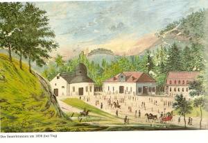 Der damalige Sauerbrunnen in Bad Wildungen bei Tag um das Jahr 1830 herum