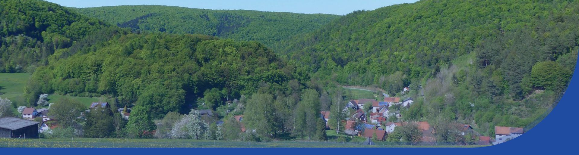 Blick auf den Stadtteil Frebershausen welcher in einem Tal umgeben von grünen Wäldern liegt