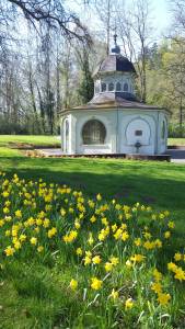 Häuschen der Königsquelle im Kurpark Bad Wildungen mit blühender Wiese