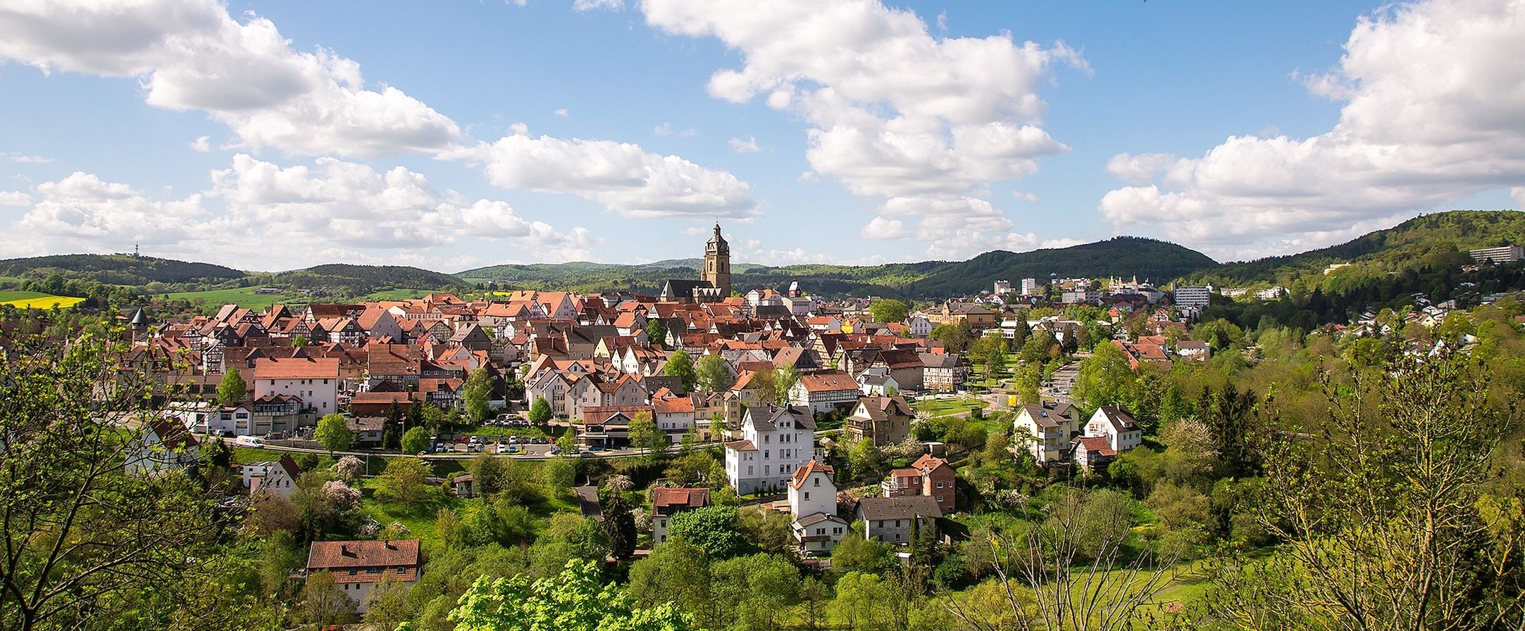 Blick auf Bad Wildungen bei sonnigem Wetter. Die Altstadt und die Stadtkirche sind zu sehen.