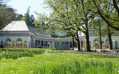 Blick auf die Wandelhalle Bad Wildungen mit grüner Wiese und Bäumen im Vordergrund.