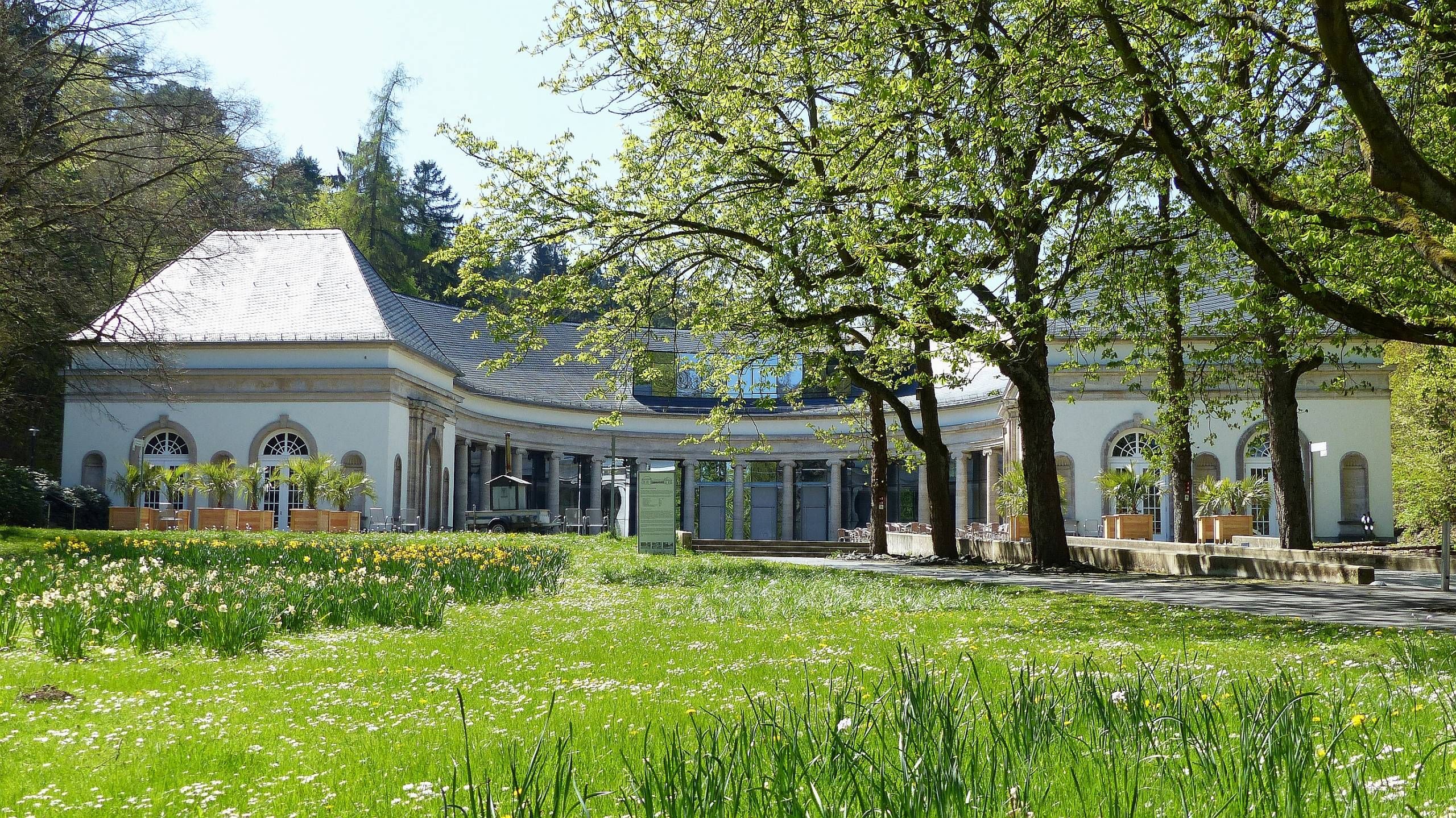 Blick auf die Wandelhalle Bad Wildungen mit grüner Wiese und Bäumen im Vordergrund.