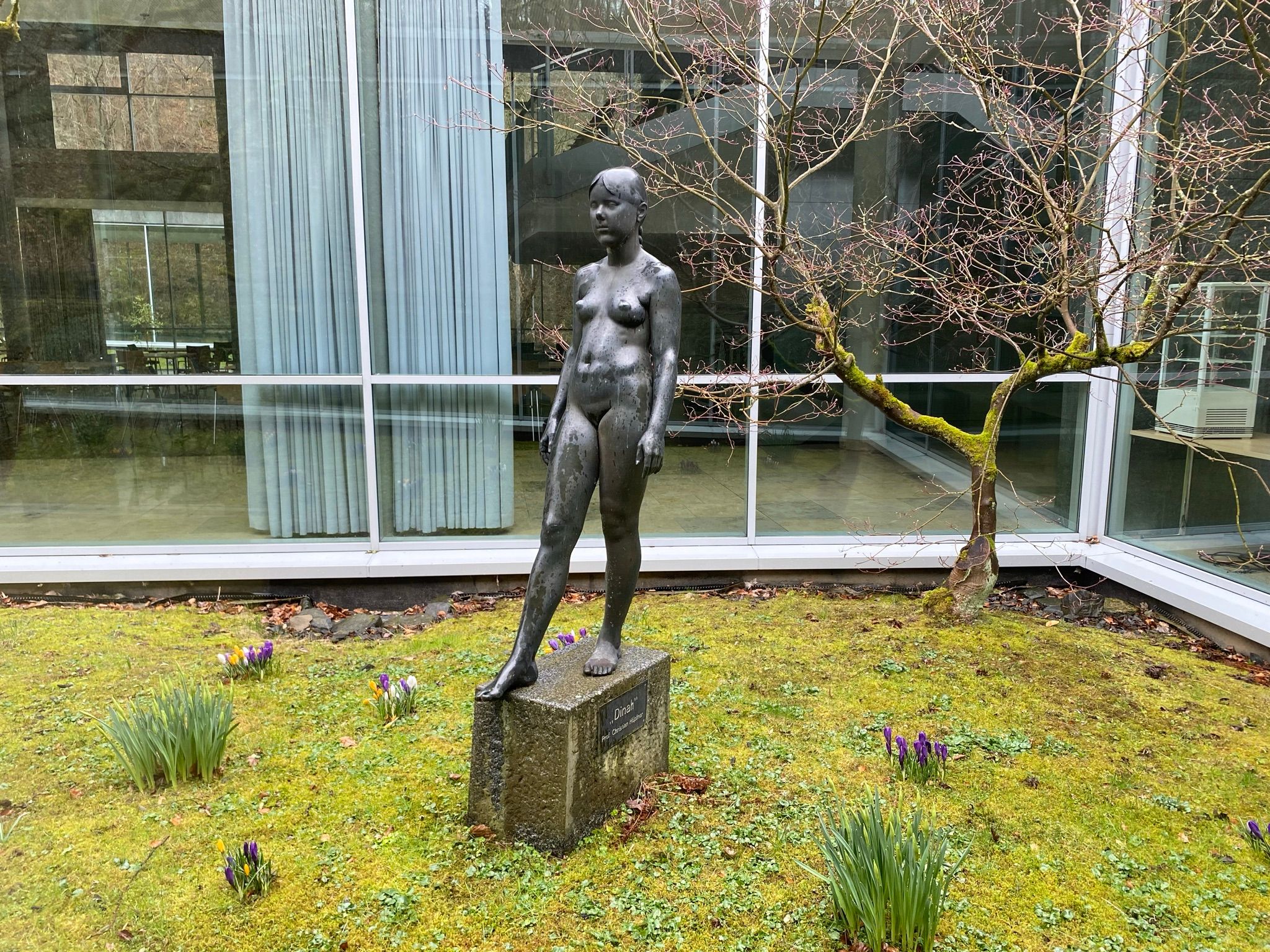 Blick auf die Statue Dinah auf einer Rasenfläche im Atrium der Wandelhalle Bad Wildungen.