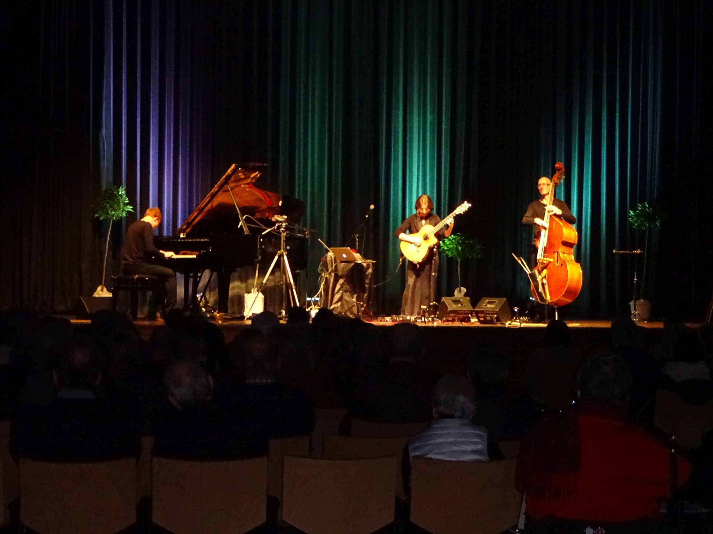 Auf der Bühne spielen drei Musiker auf ihren Instrumenten, Klavier, Gitarre und Kontrabass. Davor ist das Publikum zu sehen.