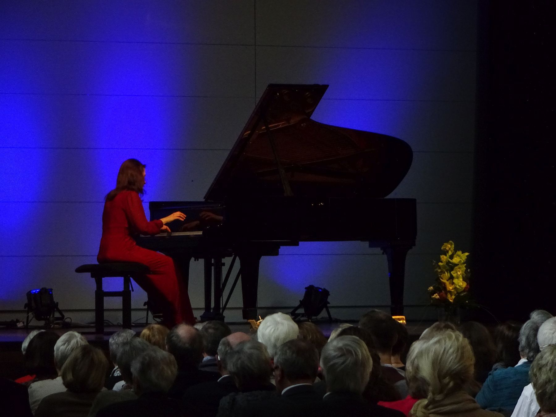 Eine Musikerin in rotem Kleid sitzt an einem schwarzen Flügel auf der Bühne. Im Vordergrund ist das Publikum zu sehen.
