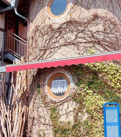 Zu sehen ist das Lebendige Museum in Odershausen. Der mittige Teil des Gebäudes sieht aus wie ein Baumstamm. Links sieht man ein weiß braunes Fachwerkhaus. Auf der rechten Seite des Bildes sieht man ein Haus aus Holz.