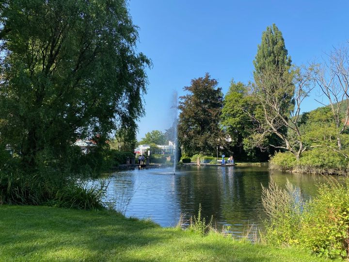 Blick auf den Schwanenteich mit Fontäne im Kurpark Bad Wildungen in Reinhardshausen.