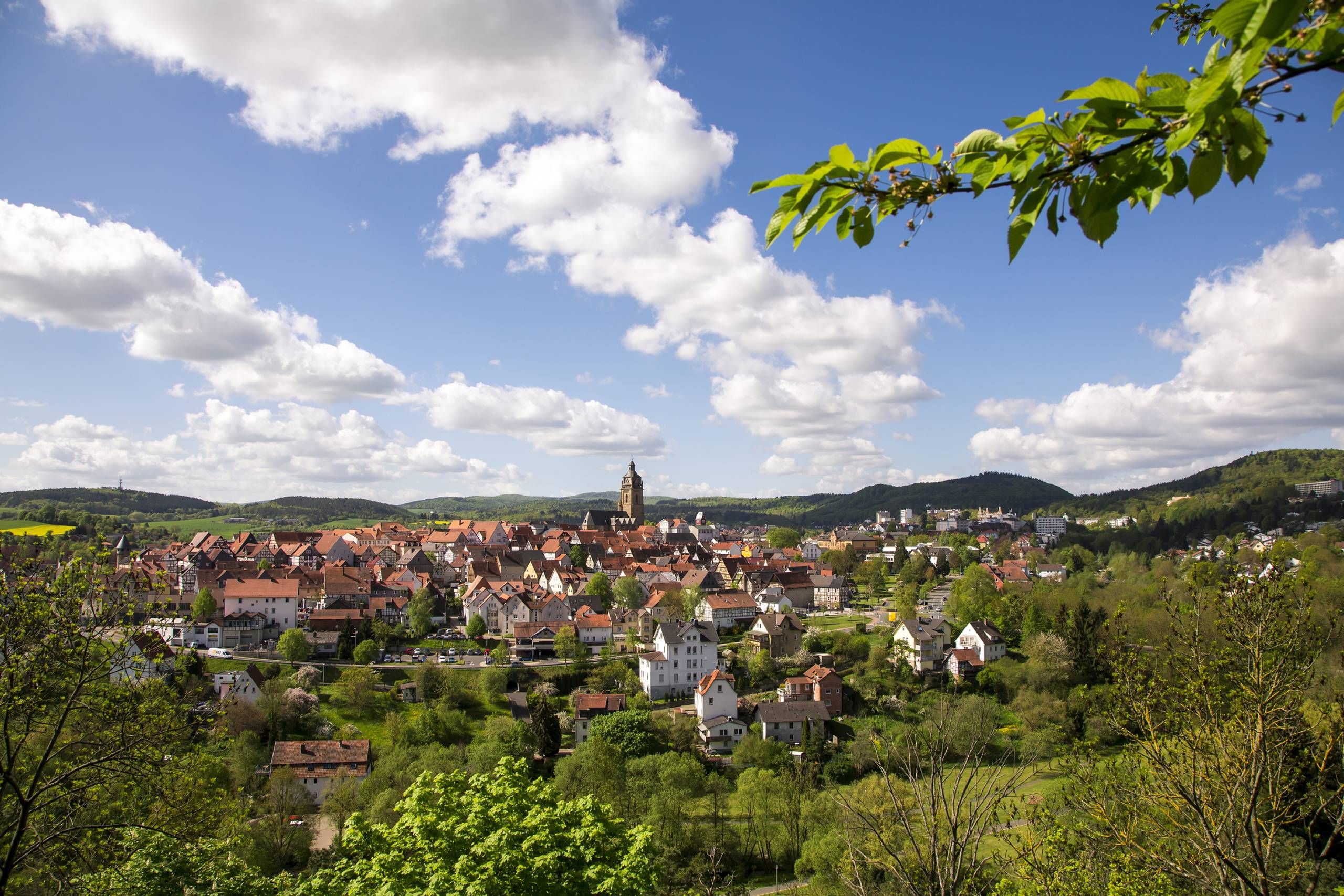 Panoramablick auf Bad Wildungen mit dem Fokus auf die Altstadt und die Stadtkirche. Im Hintergrund ist blauer Himmel mit ein paar Wolken zu sehen. Im Vordergrund sind grüne Bäume.