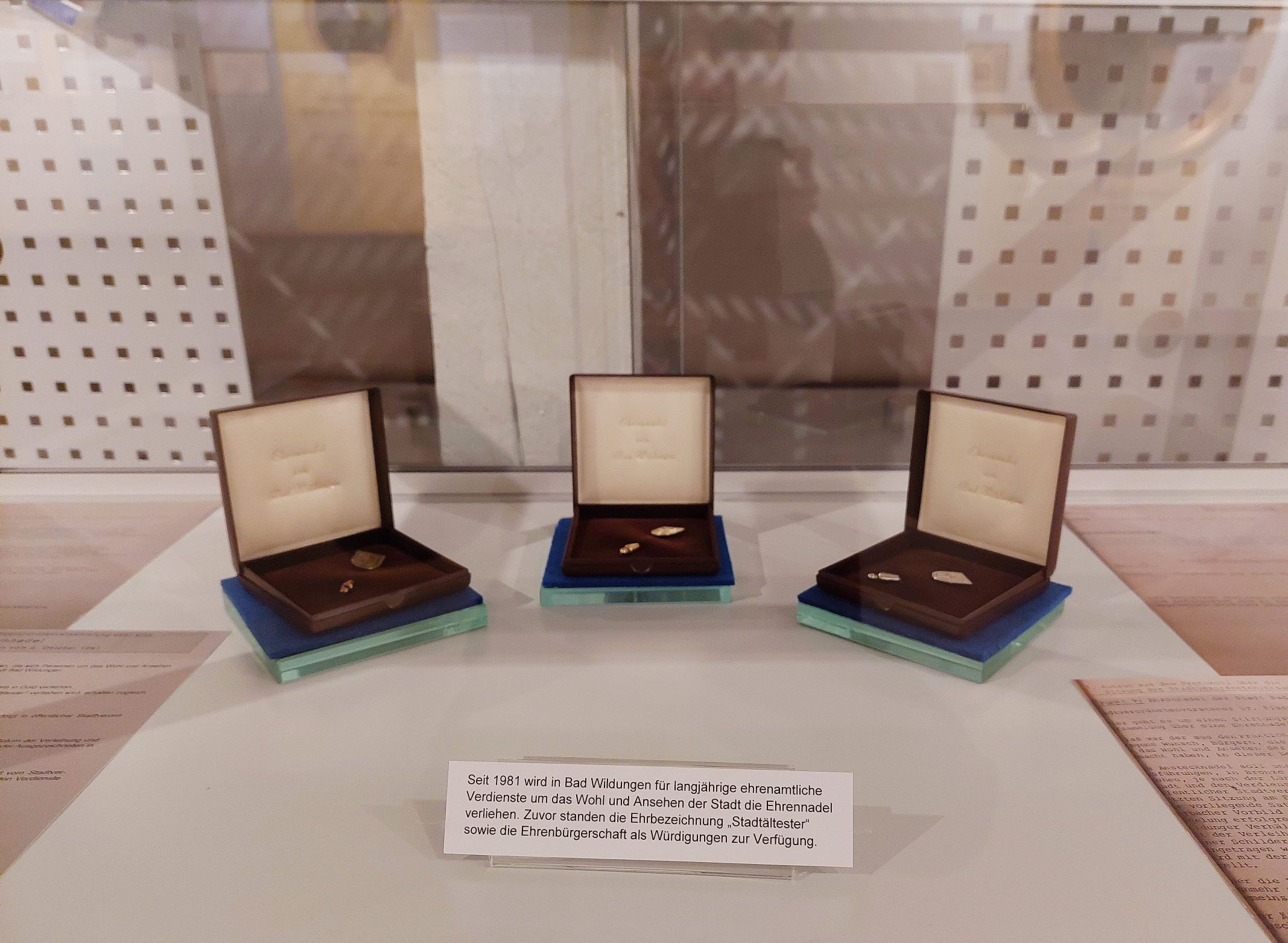 Drei Ehrennadeln in einer Vitrine in der Ausstellung Die Ehrenbürger Bad Wildungens