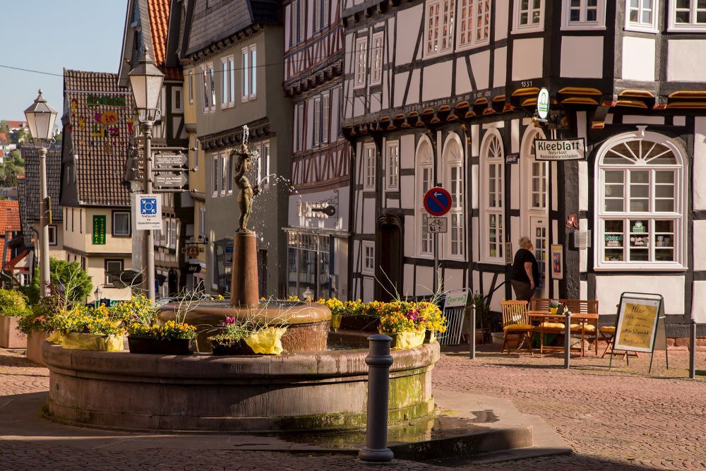 Blick auf den Brunnen auf dem Marktplatz der Altstadt Bad Wildungen. Im Hintergrund sind Fachwerkhäuser zu sehen.