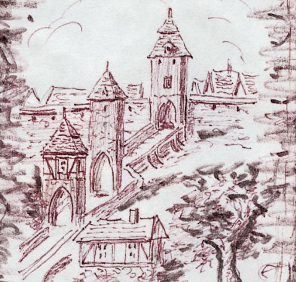 Alte Zeichnung des Wegaers Tors in der Altstadt Bad Wildungen. Zu sehen sind die Türme und der Durchgang zur Stadt sowie ein Teil der Stadtmauer.