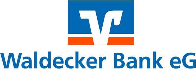 Ein V auf blau-weiß-orangenem Hintergrund. Darunter der Schriftzug 