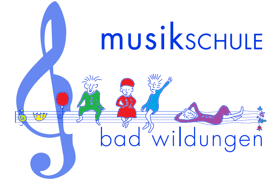 4 gezeichnete Personen die auf Notenlinien sitzen. Darüber der Schriftzug "musikschule" und darunter "bad wildungen"