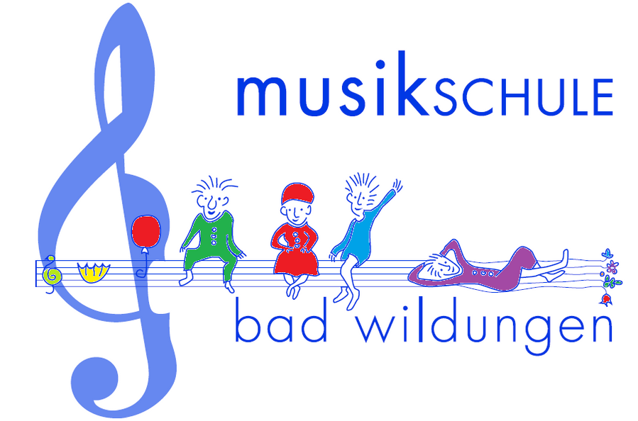 4 gezeichnete Personen die auf Notenlinien sitzen. Darüber der Schriftzug "musikschule" und darunter "bad wildungen"