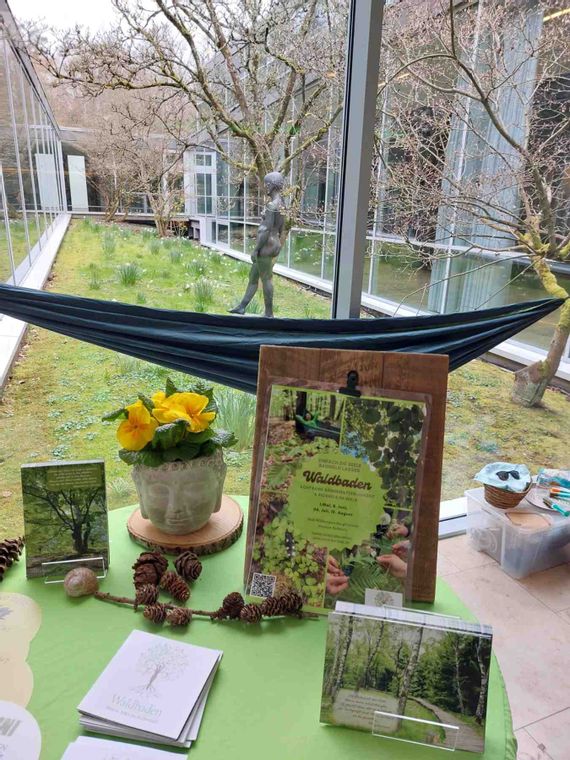 Auf einem Tisch vor einer großen Fensterfront steht eine kleine Ausstellung zum Thema „Waldbaden“. In der Mitte befindet sich ein Holzaufsteller mit einem grünen Veranstaltungsplakat. Links daneben steht ein Blumentopf in Form eines Buddha-Kopfes mit leuchtend gelben Blumen. Weitere kleine Informationskarten und Materialien liegen auf dem Tisch. Durch das Fenster sieht man einen begrünten Innenhof mit Gras, Frühlingsblumen und einer dunkelblauen Hängematte, die zwischen zwei Pfosten gespannt ist. Dahinter steht eine menschliche Skulptur im Garten.