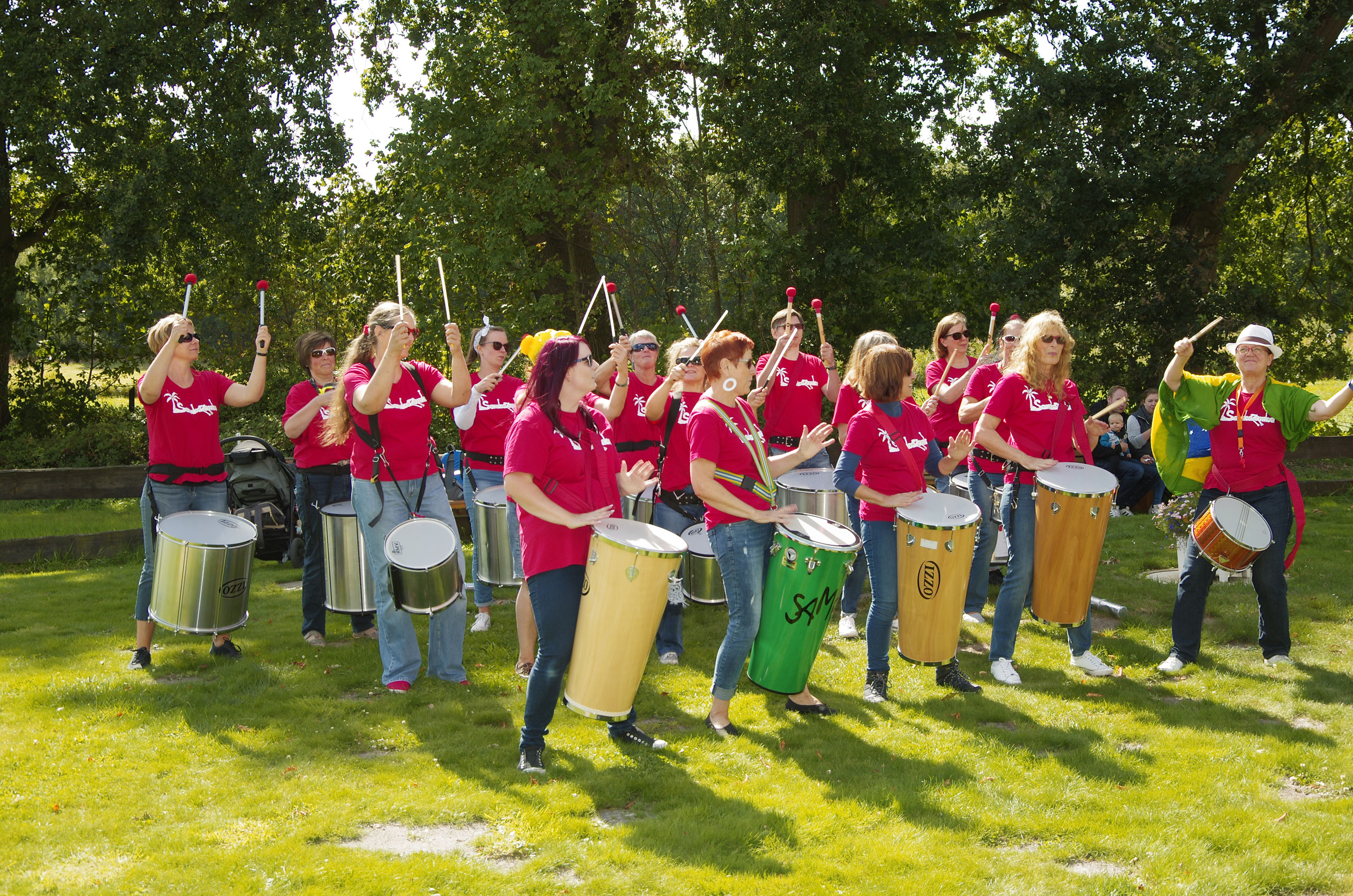 Gruppenforo der Sambagruppe SambaZamba bei einem Auftritt auf einer Wiese.