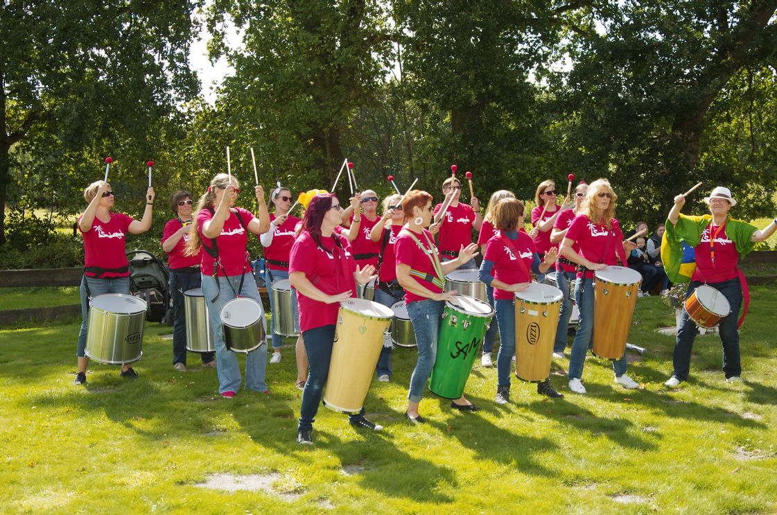 Gruppenforo der Sambagruppe SambaZamba bei einem Auftritt auf einer Wiese.