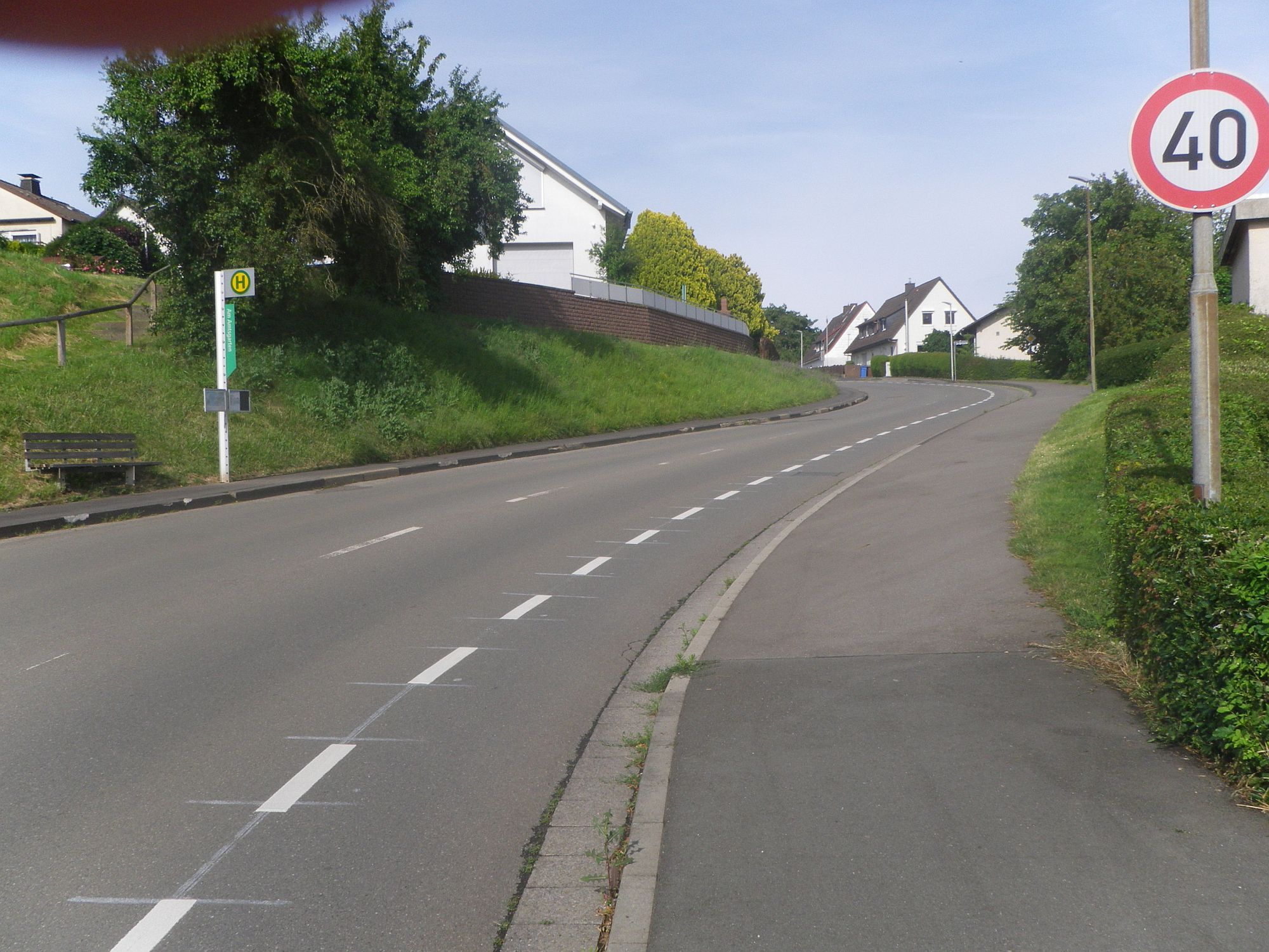 Eine Straße die Bergauf führt. Rechts und links sind Wohnhäuser von Bäumen und Büschen umgeben