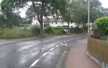 Eine Kurve bei der Itzelstraße. Rechts und links sind Wohnhäuser. Auf dem Bürgersteig wachsen Bäume.