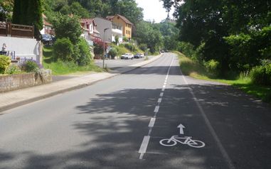 Blick auf die Reitzenhagener Straße, welche von Bäumen und Büschen umgeben ist