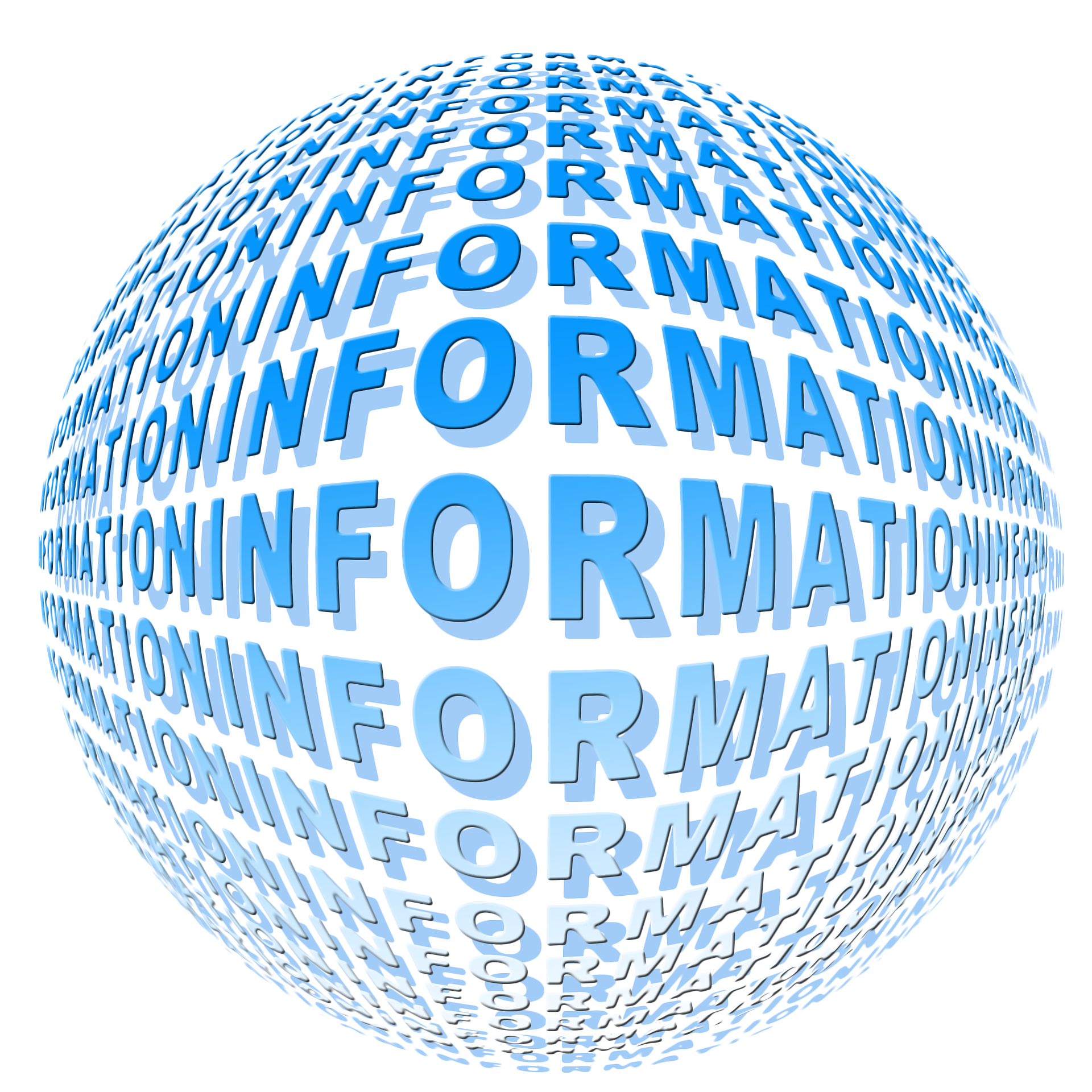 Eine blaue Kugel die aus dem wiederholenden Wort "Information" besteht.