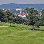 Blick aus der Ferne auf einen hügeligen Golfplatz. Im Hintergrund lässt sich die Bad Wildunger Altstadt sehen.