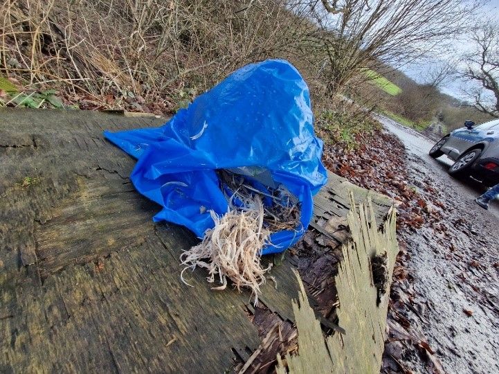 Ein blauer Müllbeutel am Rand einer Straße