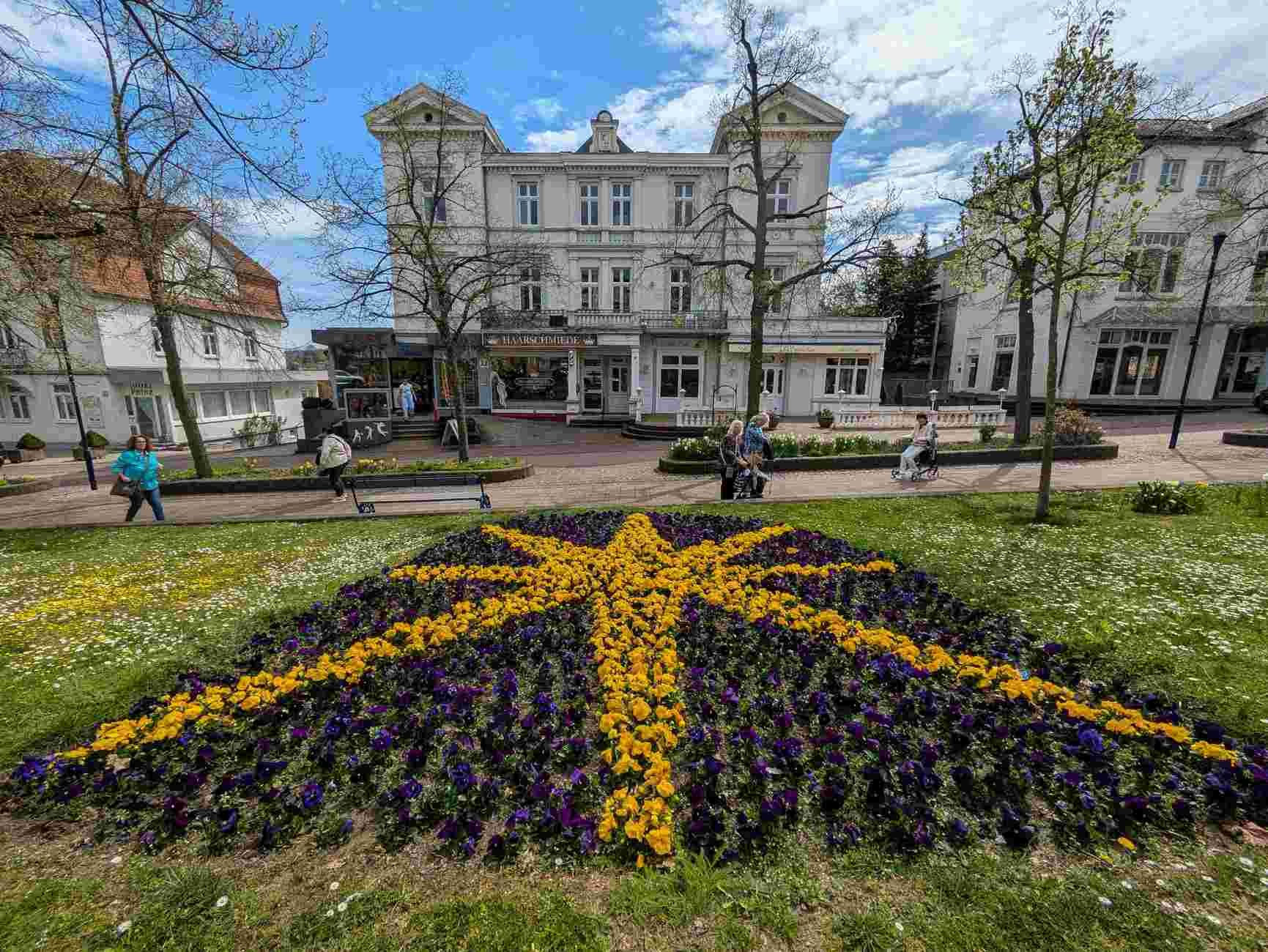 Bunte Blumen gelegt in Form des Waldecker Sterns in der Brunnenallee von Bad Wildungen.