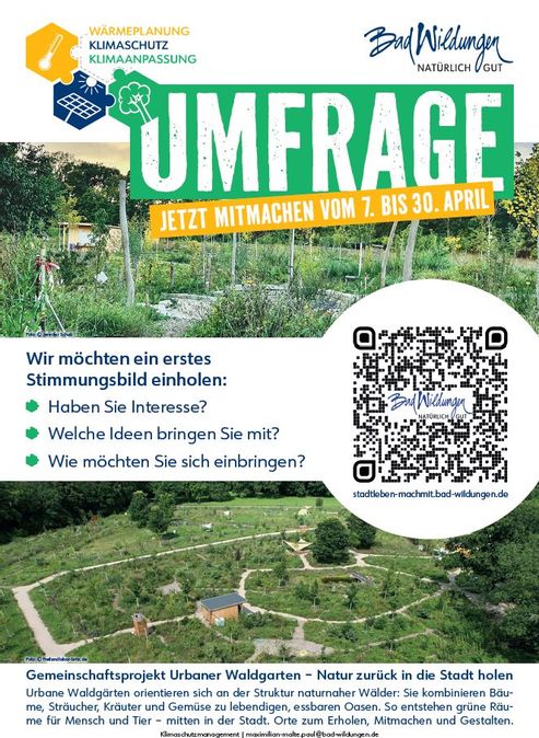 Auf diesem Plakat sind zwei Beispielfotos von urbanen Waldgärten zu sehen, mit dem Aufruf zur Teilnahme an einer Umfrage, zu der der abgebildete QR-Code führt.