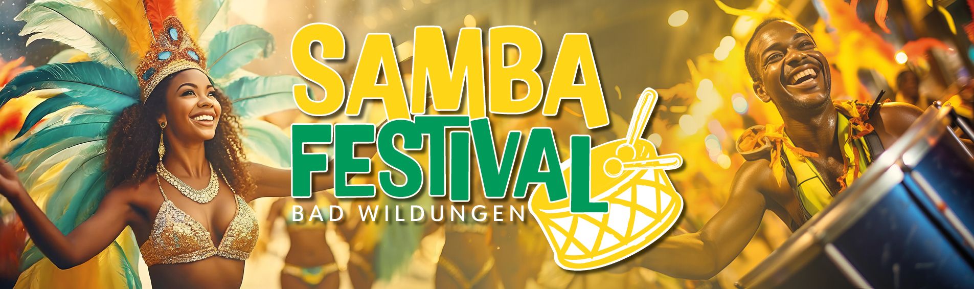 Headerbild des Samabfestivals Bad Wildungen. Auf der linken Seite ist eine Sambatänzerin zu sehen und auf der rechten Seite ein Trommler. In der Mitte befindet sich der Text Sambafestival Bad Wildungen.
