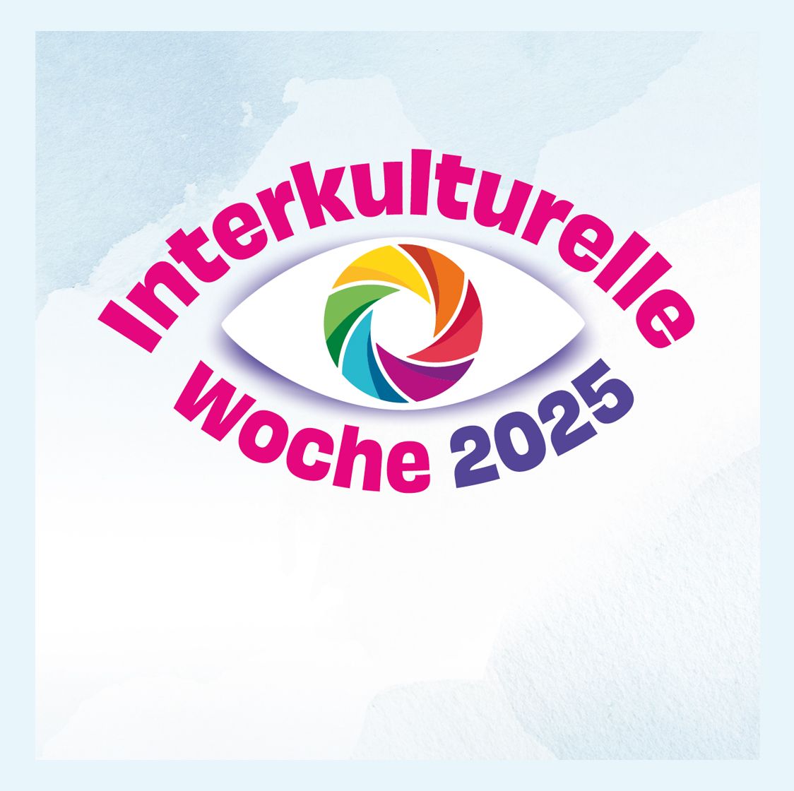 Logo der Interkulturellen Woche 2025. Zu sehen ist eine Art Auge, anstatt der Pupille bunte Regenbogen-Farben im Kreis. Drumherum steht Interkulturelle Woche in der Farbe pink und 2025 in der Farbe lila.
