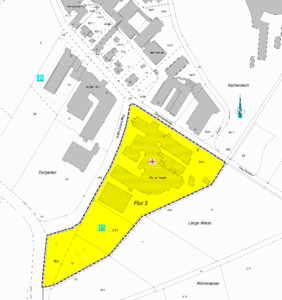 Es ist ein Kartenausschnitt des Plangebietes zu sehen. Die Fläche, um die sich diese Bekanntmachung handelt, ist gelb markiert.