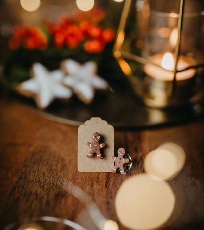 Zu sehen sind eine Laterne mit einer Kerze sowie zwei kleine Lebkuchenmännchen und Zimtsterne auf einem Tisch.