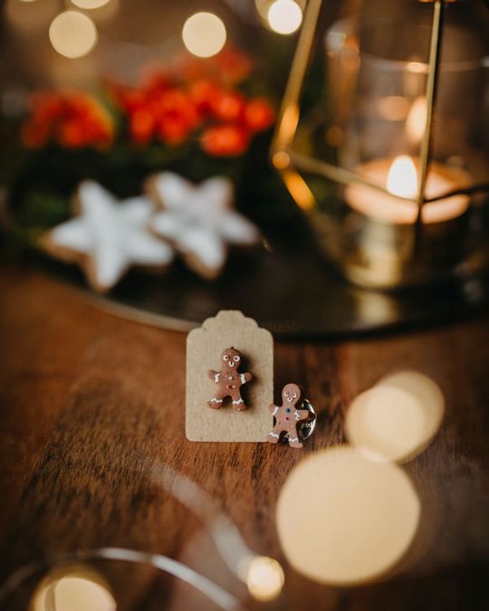 Zu sehen sind eine Laterne mit einer Kerze sowie zwei kleine Lebkuchenmännchen und Zimtsterne auf einem Tisch.
