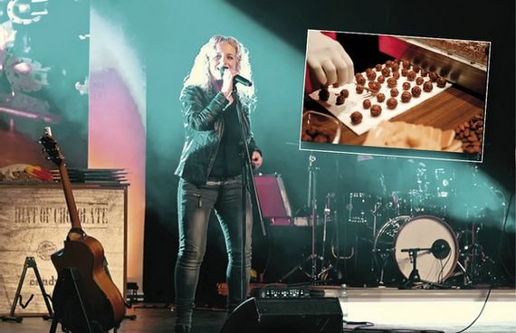 Zu sehen ist die Sängerin Christina Rommel auf der Bühne. Im Hintergrund sieht man ein Schlagzeug und vorne links eine Gitarre. Oben rechts ist ein kleines Bild eingefügt, auf dem Pralinen zu sehen sind, die gerade gemacht werden.