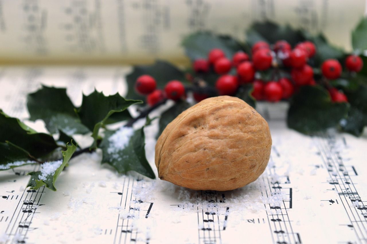 Zu sehen sind ein Distelzweig mit roten Beeren und eine Walnuss auf einem Notenblatt liegend.